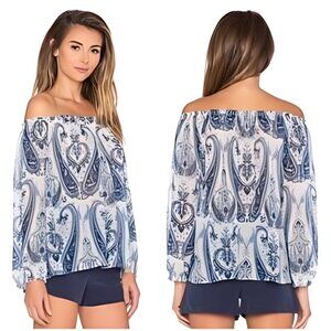 Joie Silk Blouse White Blue Paisley Smocked Off the Shoulder Top XS Extra Small